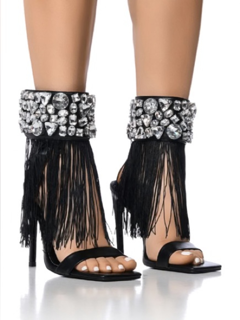Black Crystal Fringe Ankle-Strap High Heel Sandals